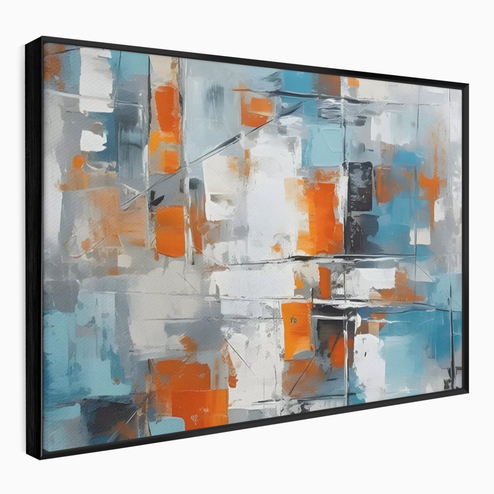 Tablou canvas cu pictura abstracta cu blocuri portocalii si albastre, in rama de aluminiu negru